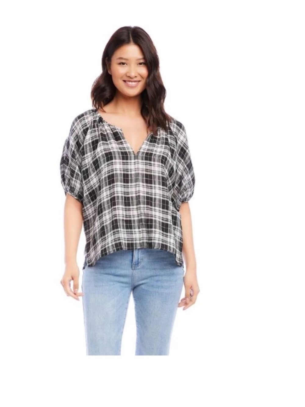 Karen Kane plaid Split Neck Women's Top - Black & White